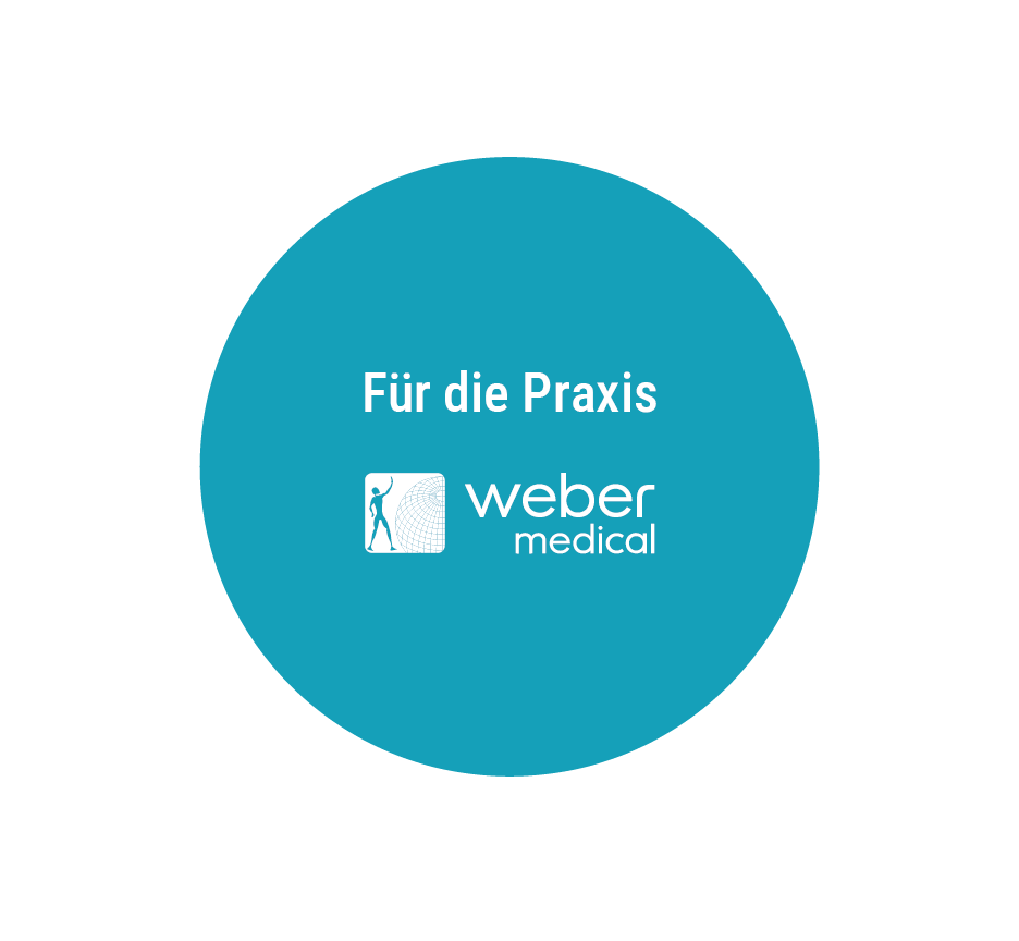 Ein blaugrüner Kreis mit weißer Schrift „Für die Praxis“ über dem Logo von Weber Medical
