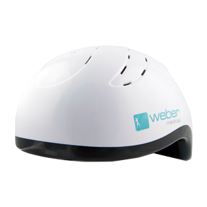 Infrared LED helmet, a white helmet with the weber medical logo on the side