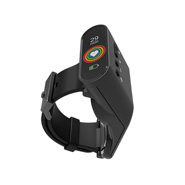 A black wristband with a color display that shows activity rings, heart symbol, time and battery level.