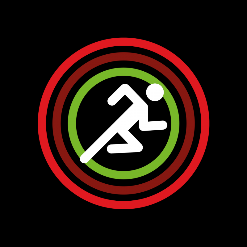 Eine vereinfachte weiße Lauffigur innerhalb konzentrischer Kreise, wobei der innerste Kreis grün und die umgebenden Kreise rot sind