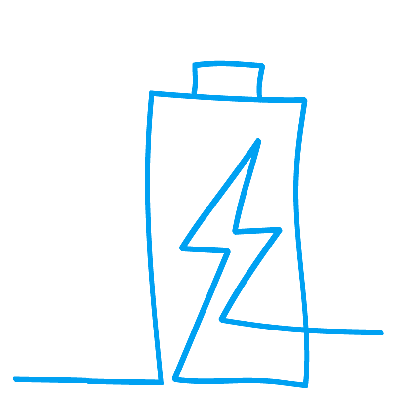 Blue line drawing of a battery with a lightning bolt symbol in the center