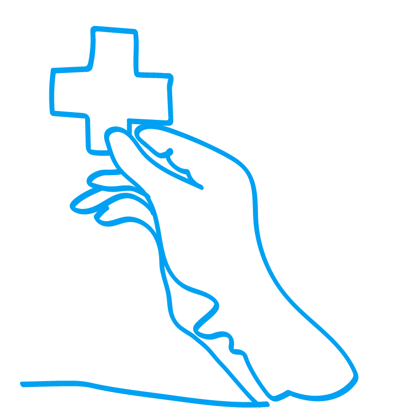 A blue line drawing of a hand holding up a medical cross symbol, as if presenting or offering it.