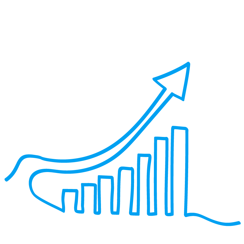 A blue hand-drawn bar graph with bars increasing in height from left to right and a large upward-pointing arrow above them, indicating growth or progress.