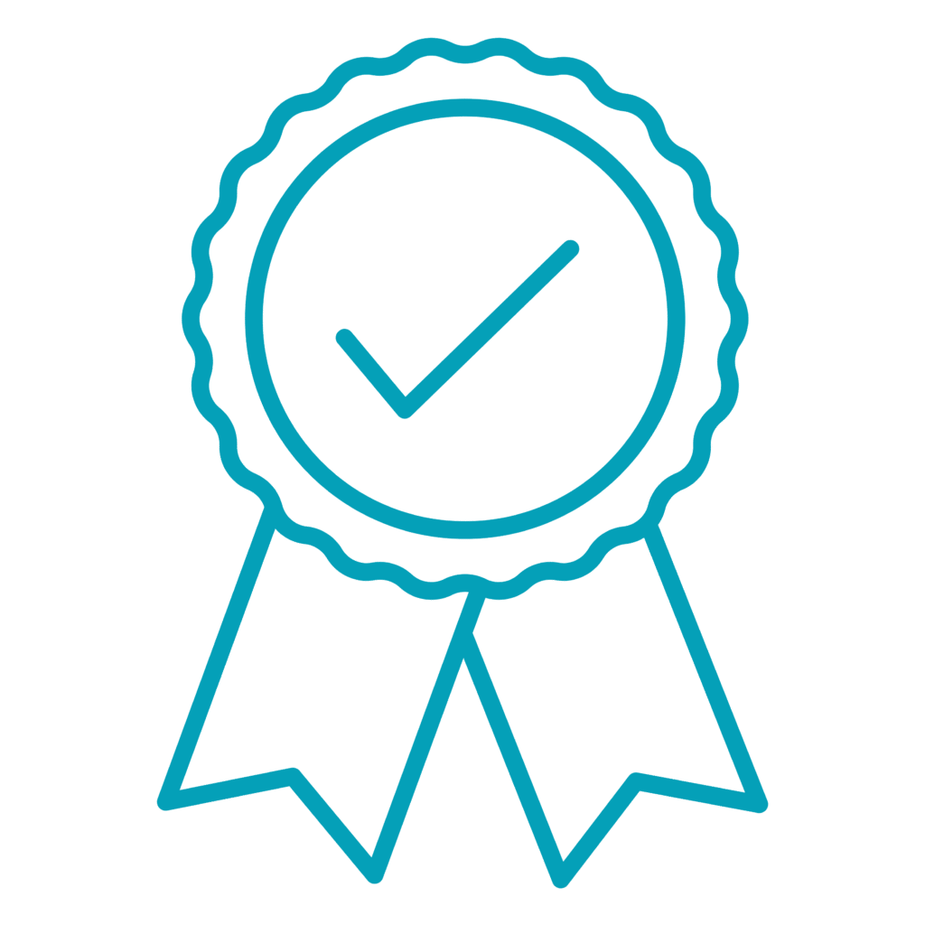 Blue icon of a tournament ribbon with a check mark in the middle