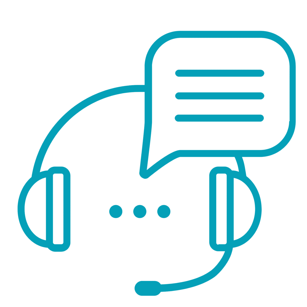 Blue icon of a headset with a speech bubble