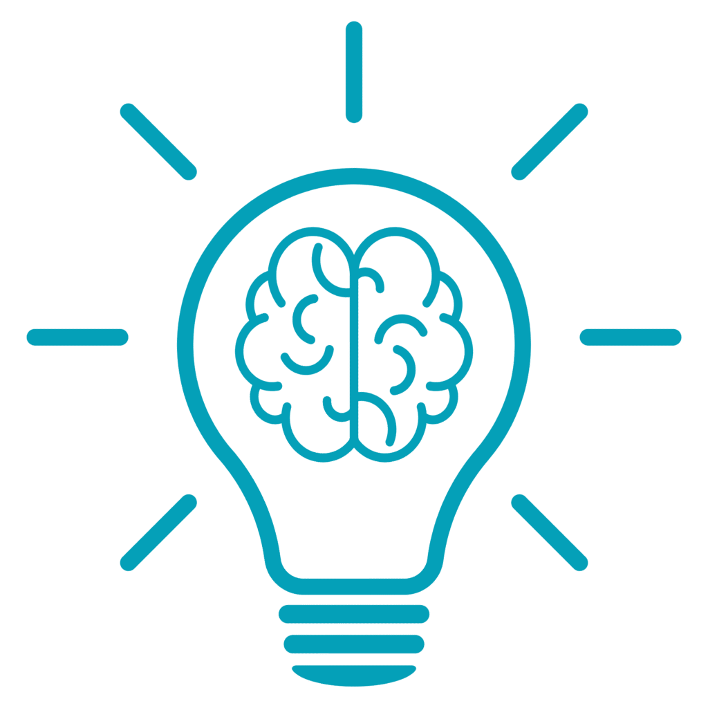 Blue icon of a light bulb with a brain in the middle of the bulb