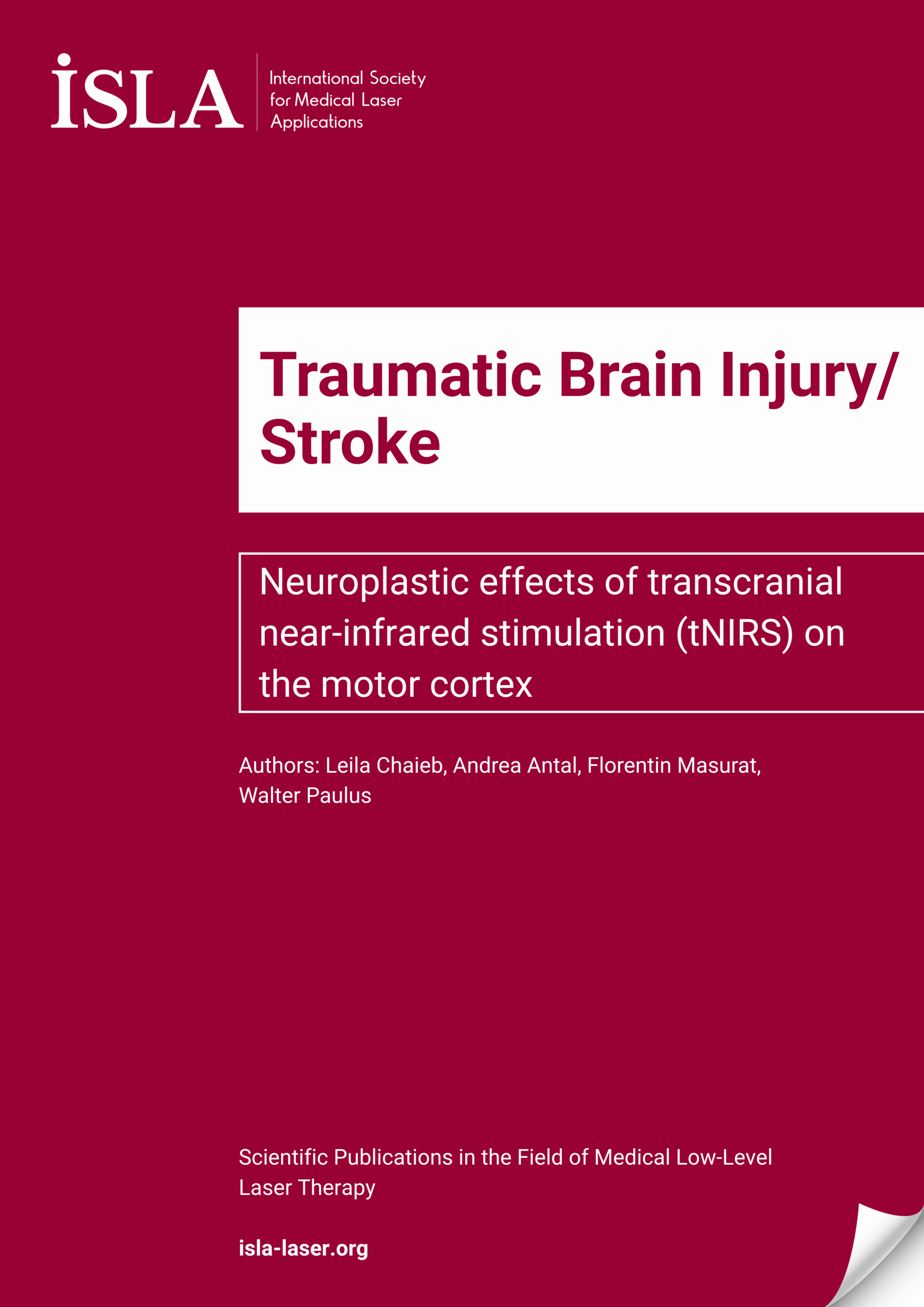 A cover page from ISLA titled "Traumatic Brain Injury/Stroke" about neuroplastic effects of transcranial near-infrared stimulation (tNIRS) on the motor cortex.
