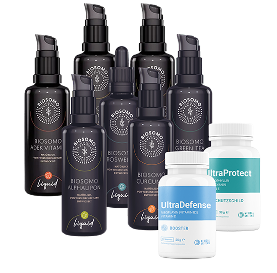 Overview of liposomal dietary supplements: BIOSOMO in black pump dispensers and white capsule jars for the products UltraProtect and UltraDefense