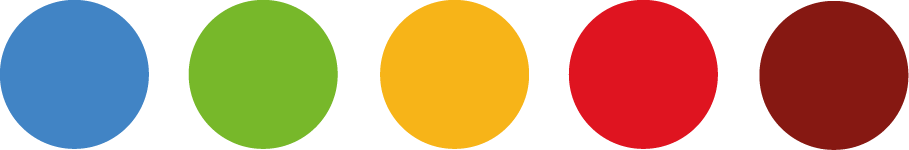Colors of laser wavelengths as circles next to each other: blue, green, yellow, red, dark red