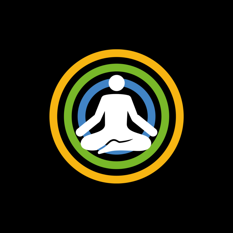 A simplified white meditating person within concentric circles, with the innermost circle being blue and the surrounding circles being green and yellow.