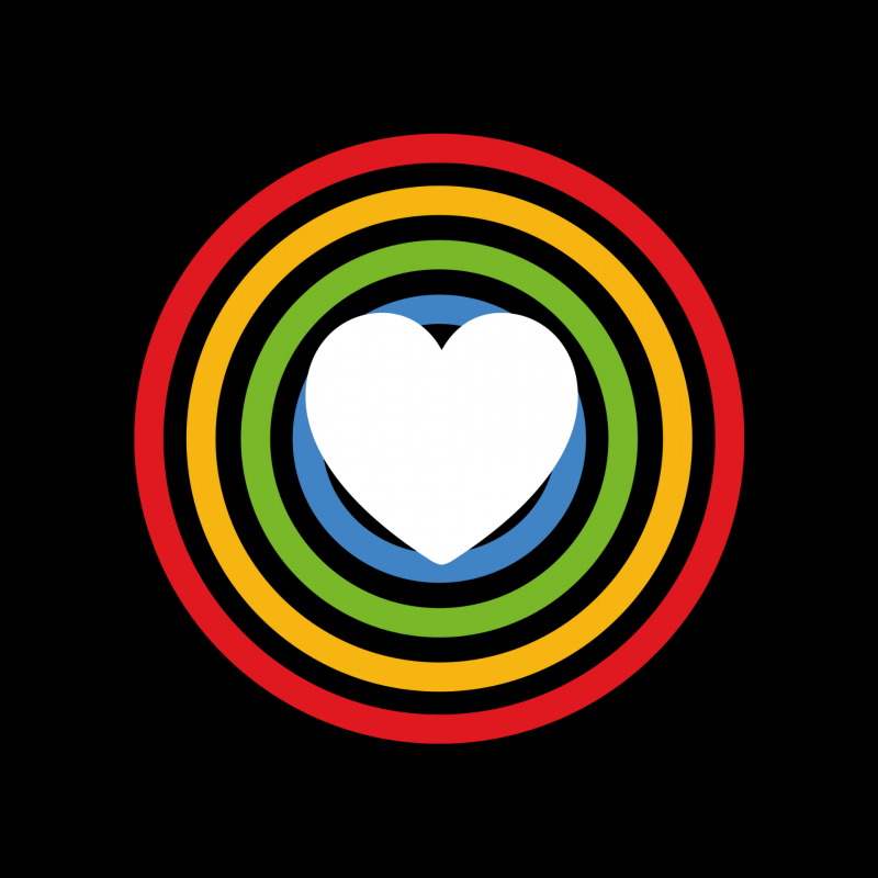 A simplified white heart within concentric circles, with the innermost circle being blue and the surrounding circles being green, yellow, and red.