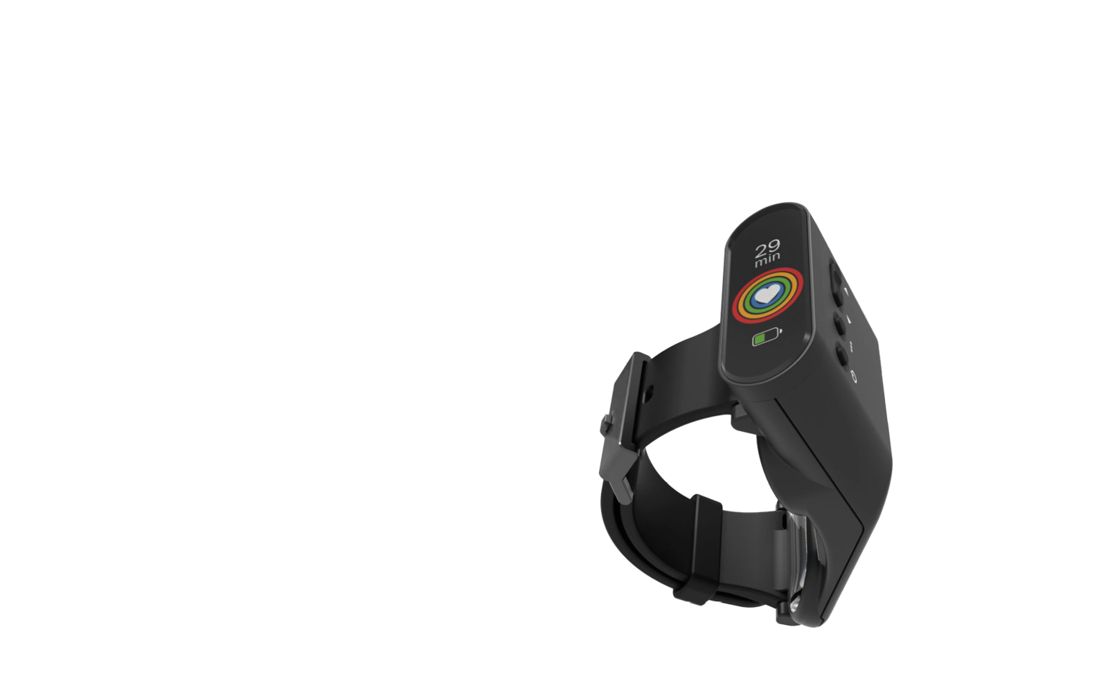 EndoLight, a black wristband with a color display that shows activity rings, heart symbol, time, and battery level.