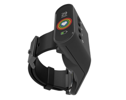 A black wristband with a color display that shows activity rings, heart symbol, time and battery level.