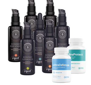 Overview of liposomal dietary supplements: BIOSOMO in black pump dispensers and white capsule jars for the products UltraProtect and UltraDefense