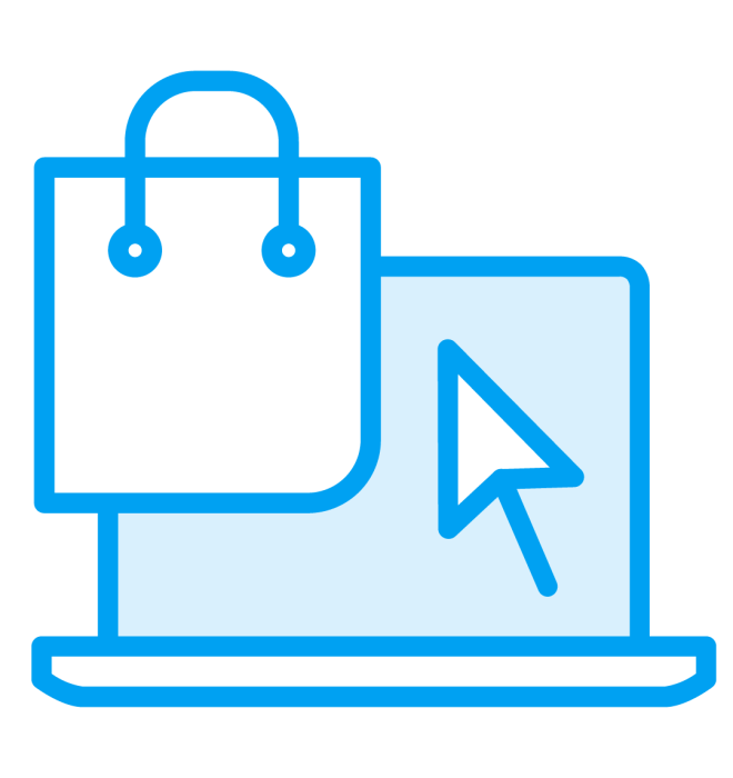 Blue icon with shopping bag in front of a laptop
