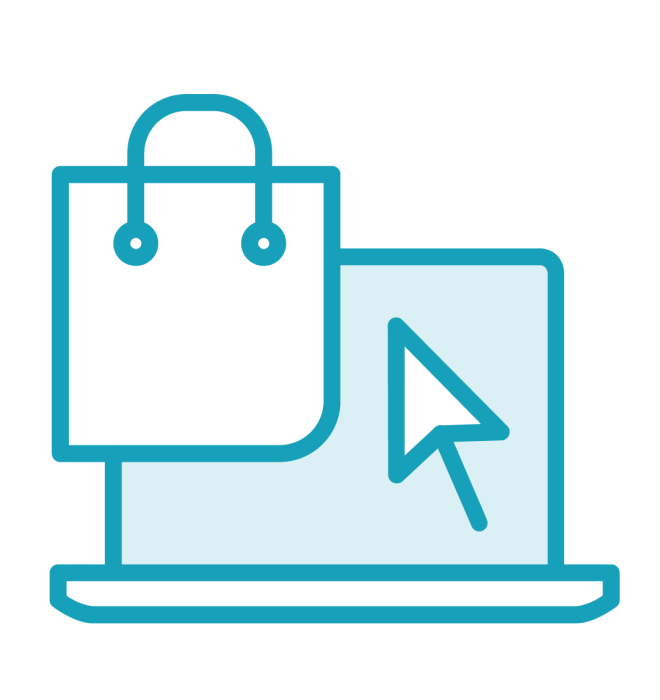 Turquoise icon with shopping bag in front of a laptop